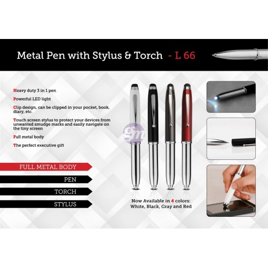 Metal pen with stylus & torch