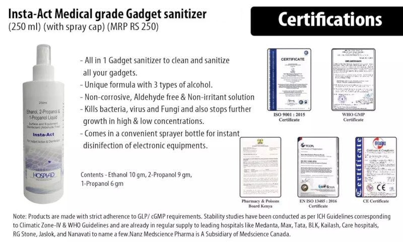 Insta-Act Medical grade Gadget sanitizer