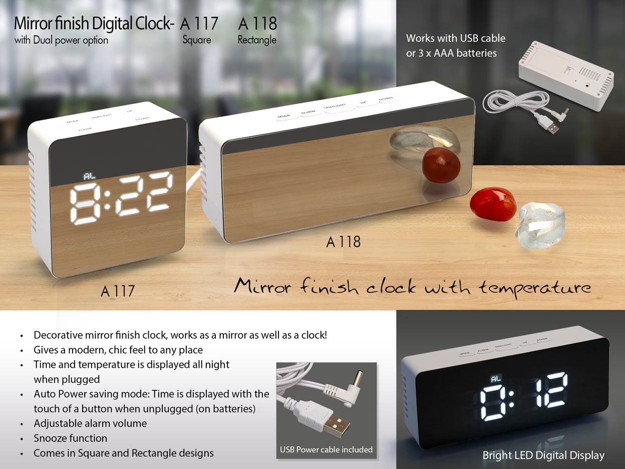 Mirror finish Digital clock (square) with Temperature