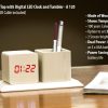 Wooden Tabletop with Digital LED Clock and tumbler
