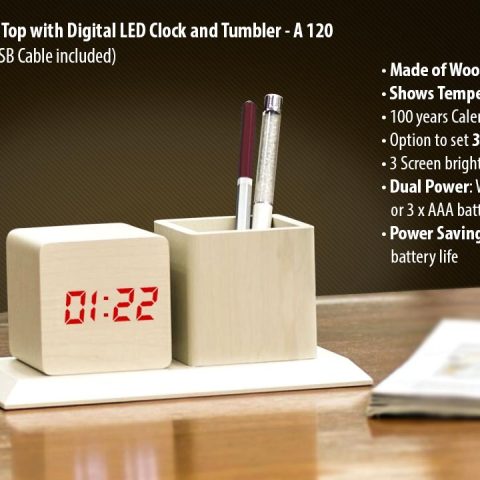 Wooden Tabletop with Digital LED Clock and tumbler
