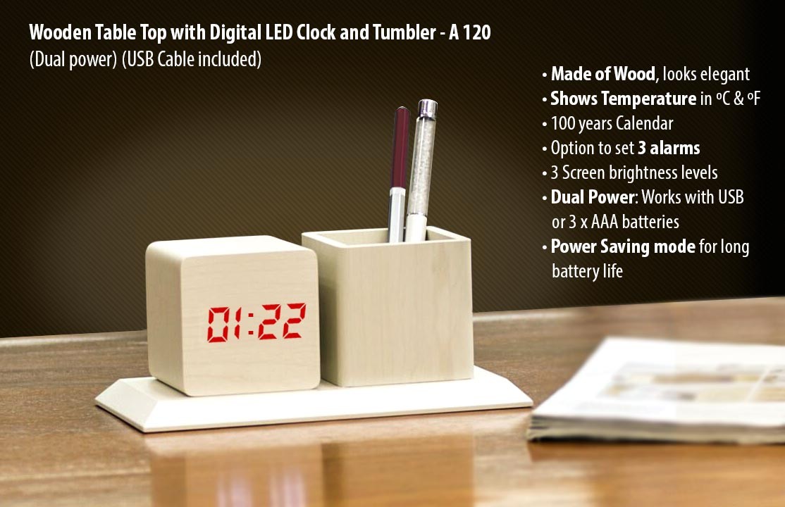 Wooden Tabletop with Digital LED Clock and tumbler