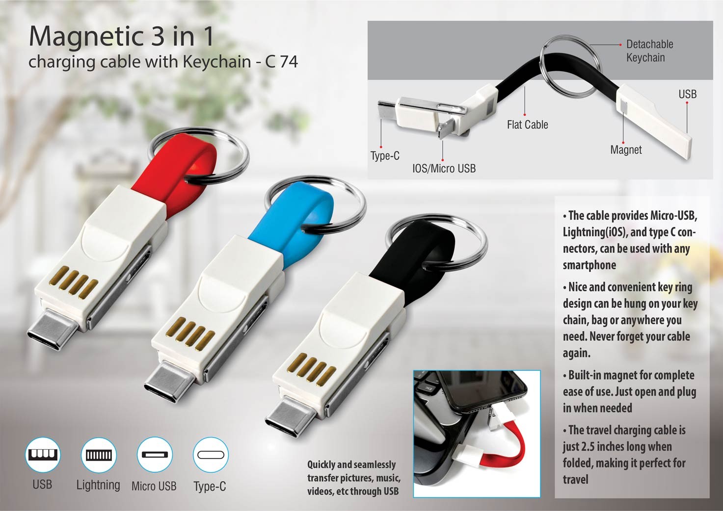 Magnetic 3 in 1 charging cable