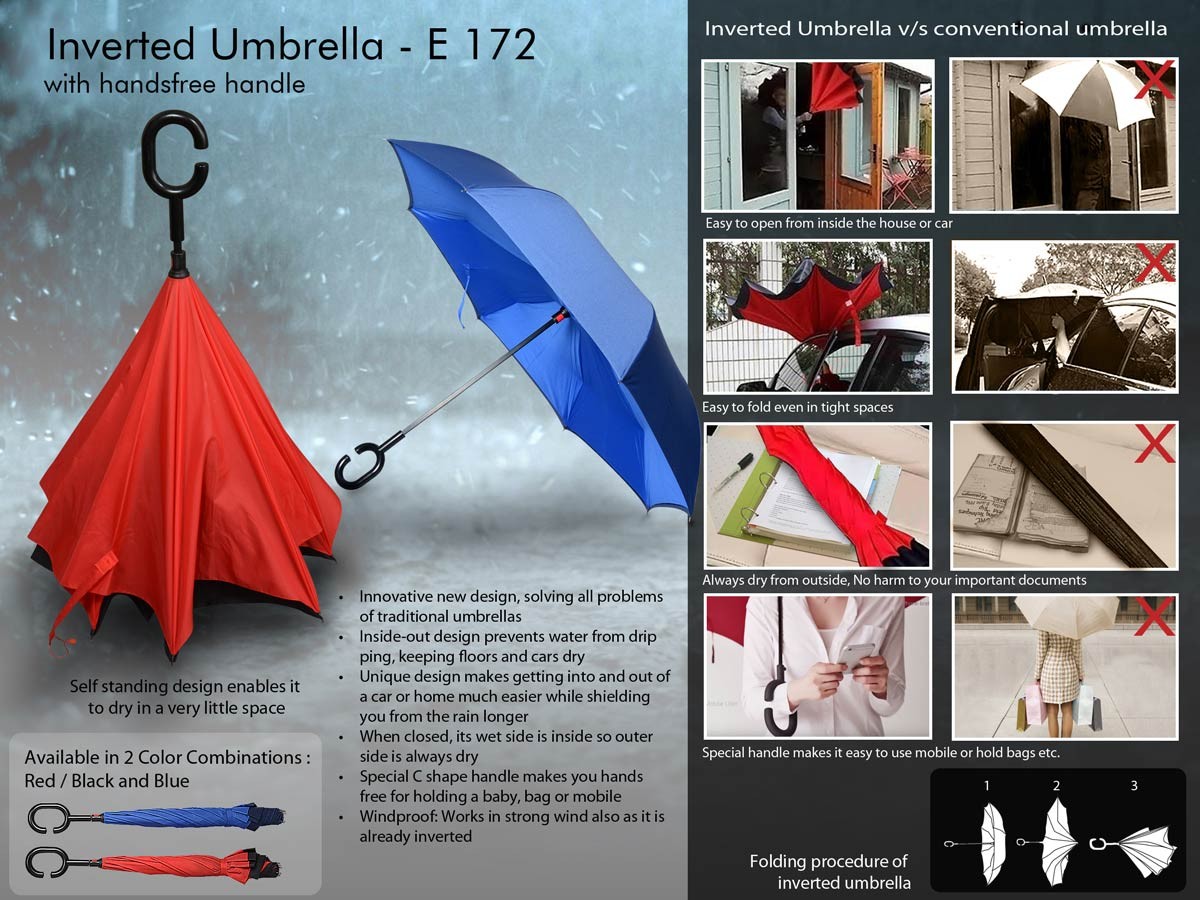 Inverted umbrella with handsfree handle