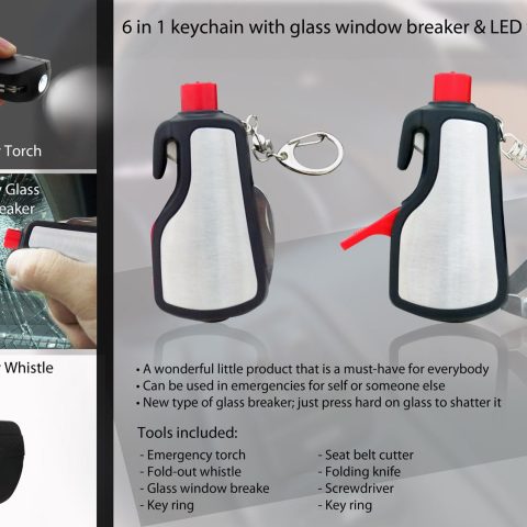 6 in 1 keychain with glass window breaker & LED torch