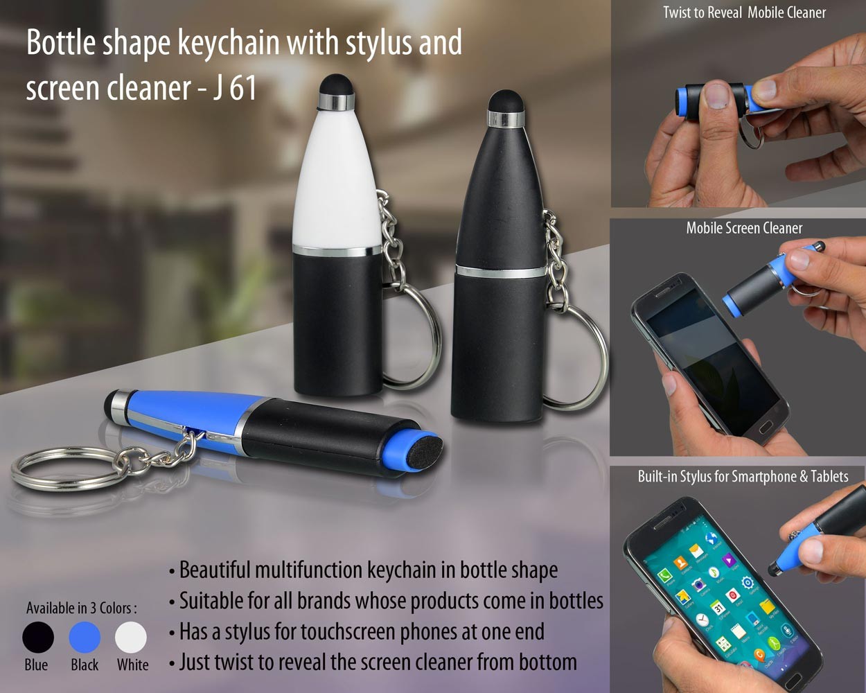 Bottle shape keychain with stylus and screen cleaner