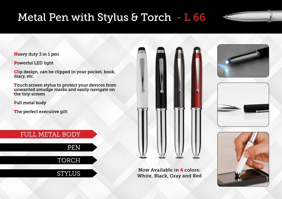 Metal pen with stylus & torch