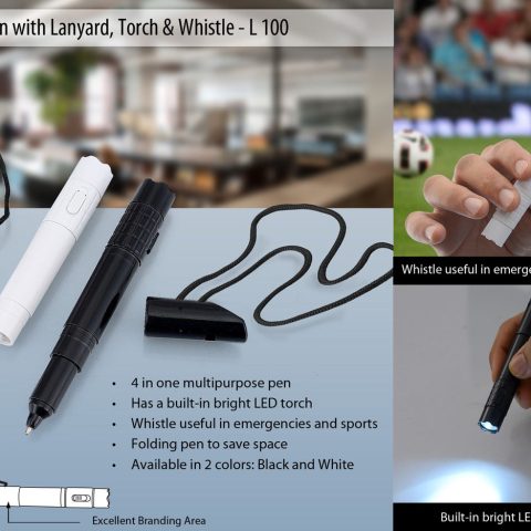 4 in 1 pen with lanyard, torch & whistle