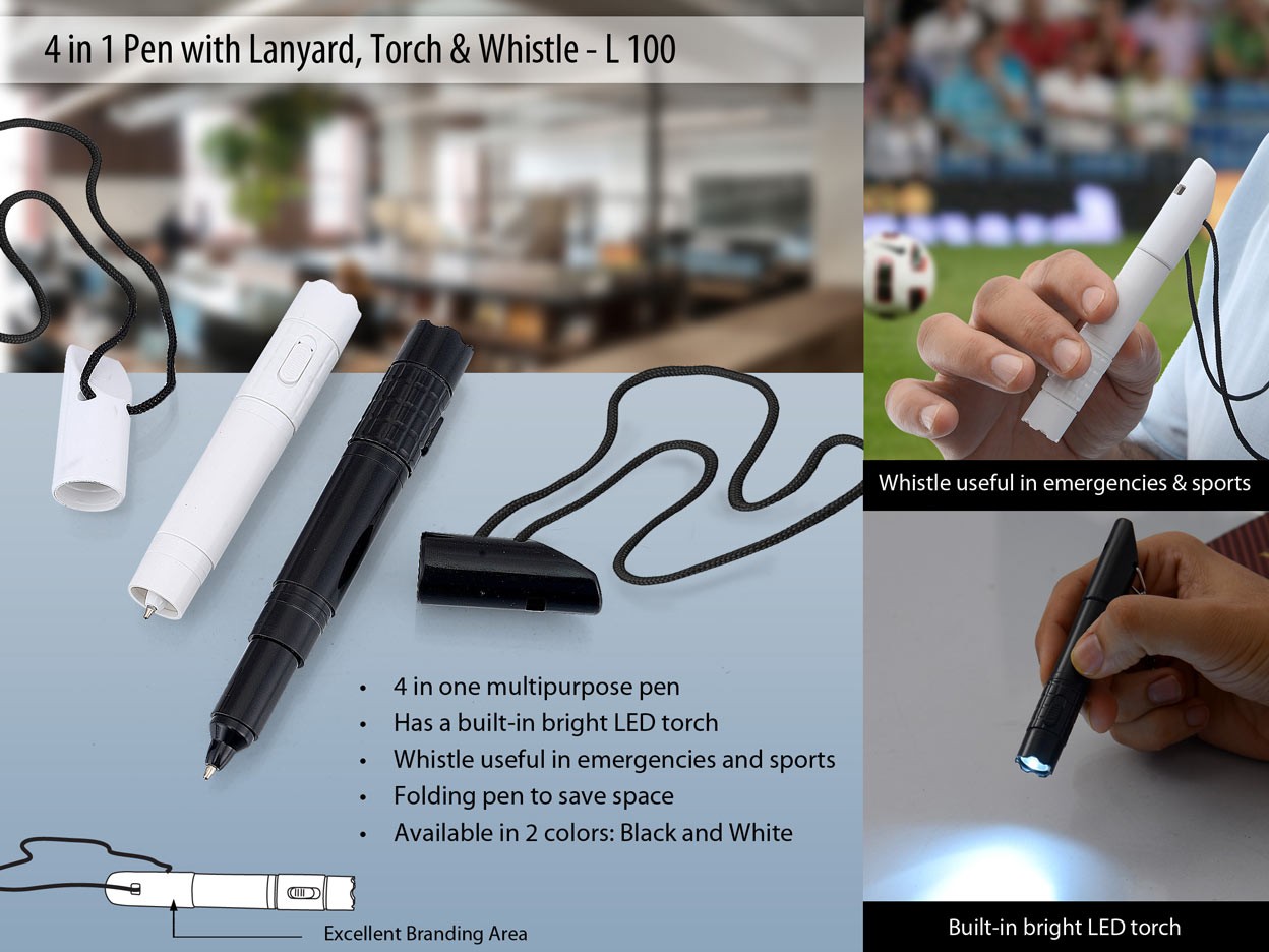 4 in 1 pen with lanyard, torch & whistle