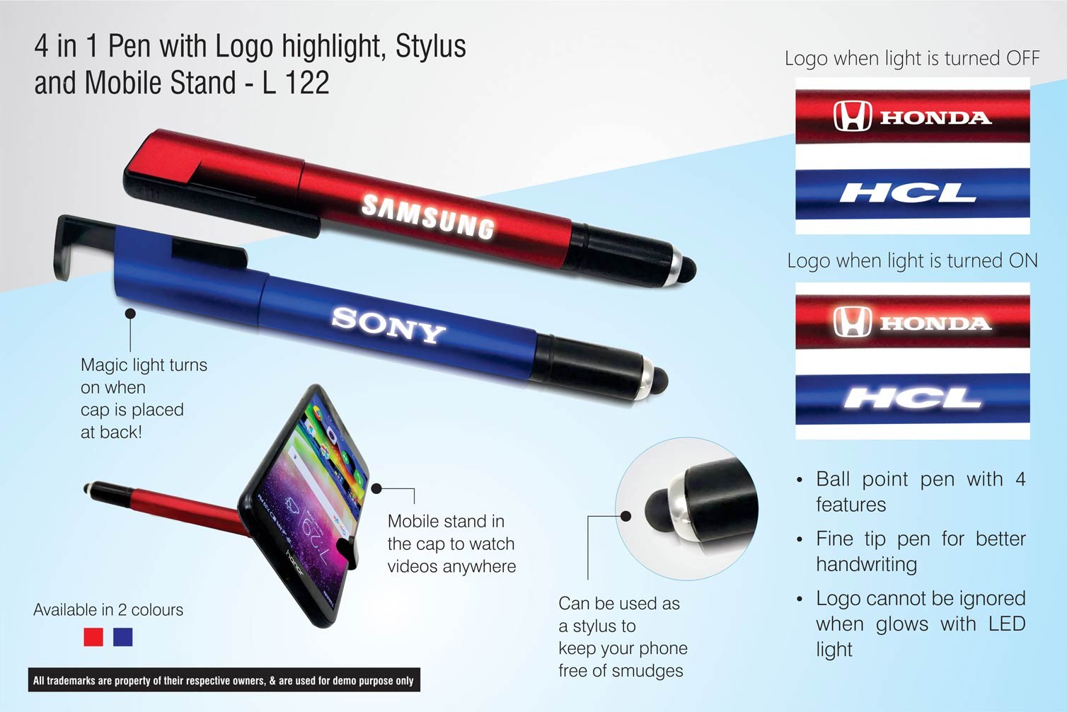 4 in 1 Pen with Logo highlight, stylus and mobile stand