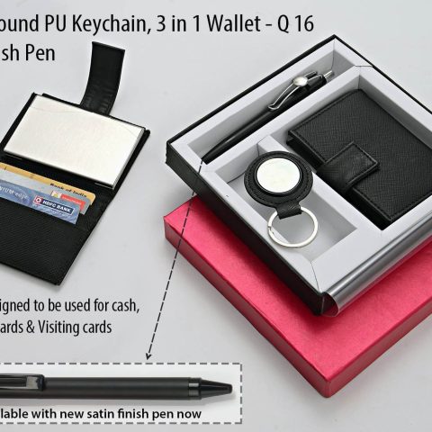 Set of 3 : Round PU Keychain , 3 in 1 wallet (For cash, cards and visiting cards) & Highway Satin pen