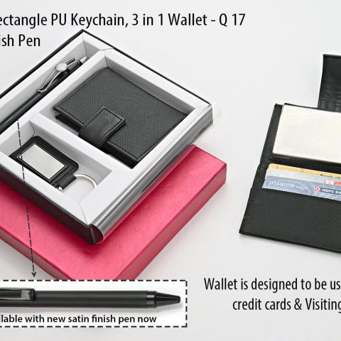 Set of 3 : Rectangle PU Keychain, 3 in 1 wallet (For cash, cards and visiting cards) & Highway Satin pen