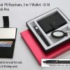 Set of 3 : Oval PU Keychain, 3 in 1 wallet (For cash, cards and visiting cards) and Metal look Pen.