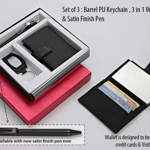 Set of 3 : Barrel PU Keychain, 3 in 1 wallet (For cash, cards and visiting cards) and Metal look Pen.