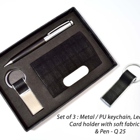 Set of 3 : Metal / PU keychain with soft fabric feel , Leatherette Card holder with soft fabric feel & Pen