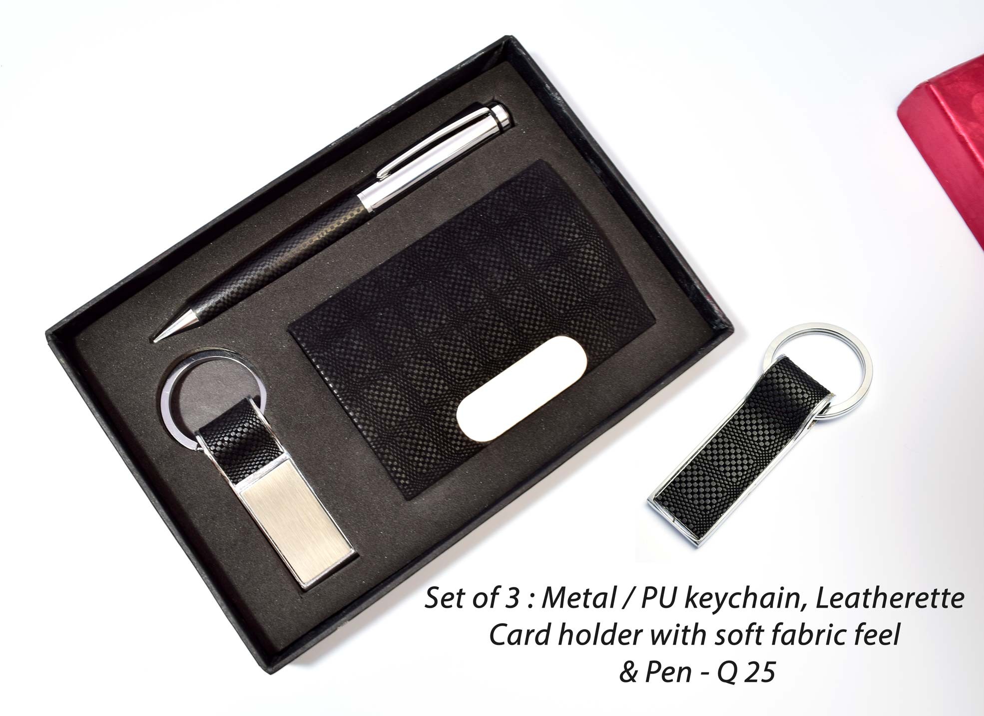 Set of 3 : Metal / PU keychain with soft fabric feel , Leatherette Card holder with soft fabric feel & Pen