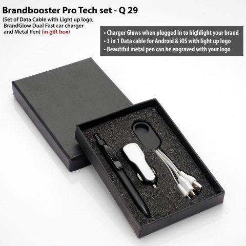 Brandbooster Pro Tech set: Set of Data Cable with Light up logo, BrandGlow car charger with fast charging , Metal pen