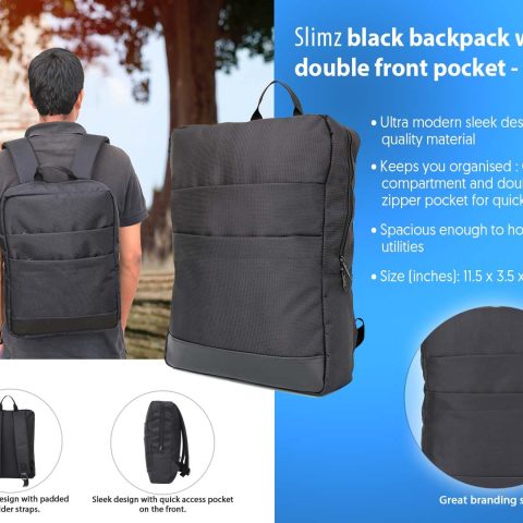 Slimz black backpack with double front pocket by Castillo Milano